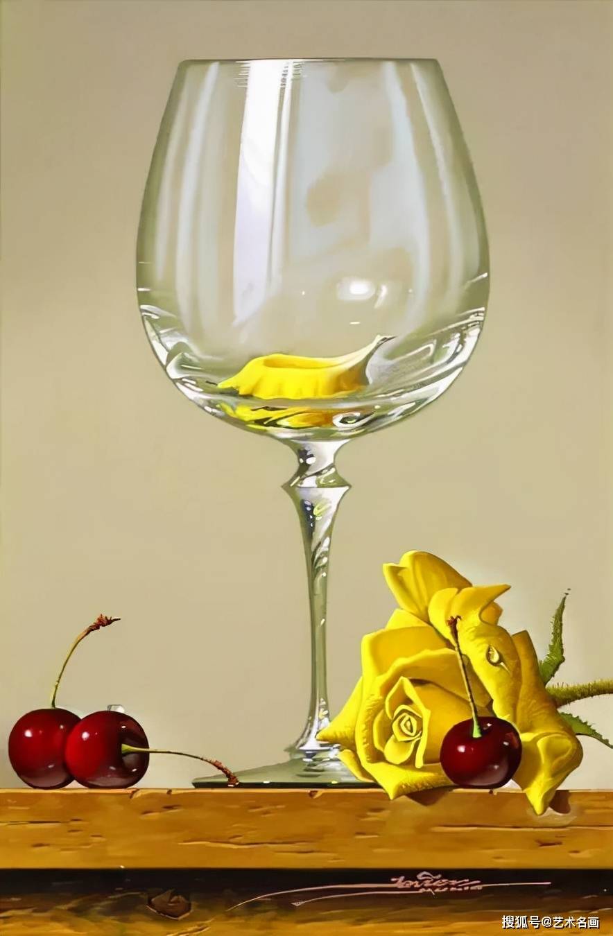 西班牙超写实画家javier mulio的透明玻璃杯具油画作品