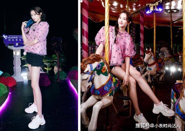 廓形 22岁关晓彤粉色罩衫配短裤，扎两条麻花辫元气满满，少女感很真实