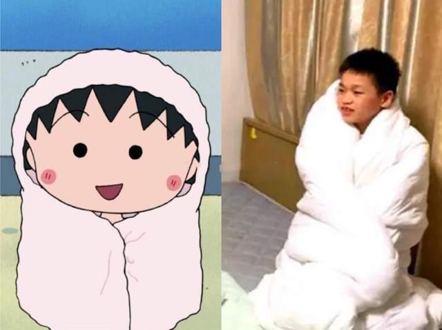 对比太像了!全红婵6张图完美契合樱桃小丸子:全身裹被子发抖酷似