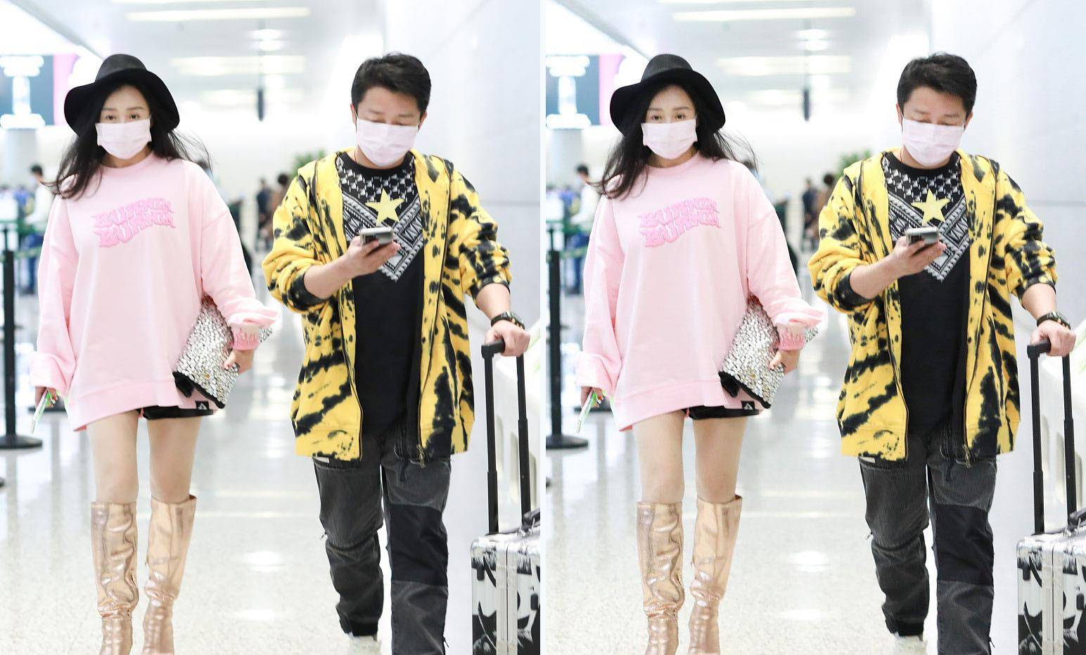 金色 冉莹颖胖了?穿粉卫衣搭金靴露美腿,上半身看起来和老公一样壮实