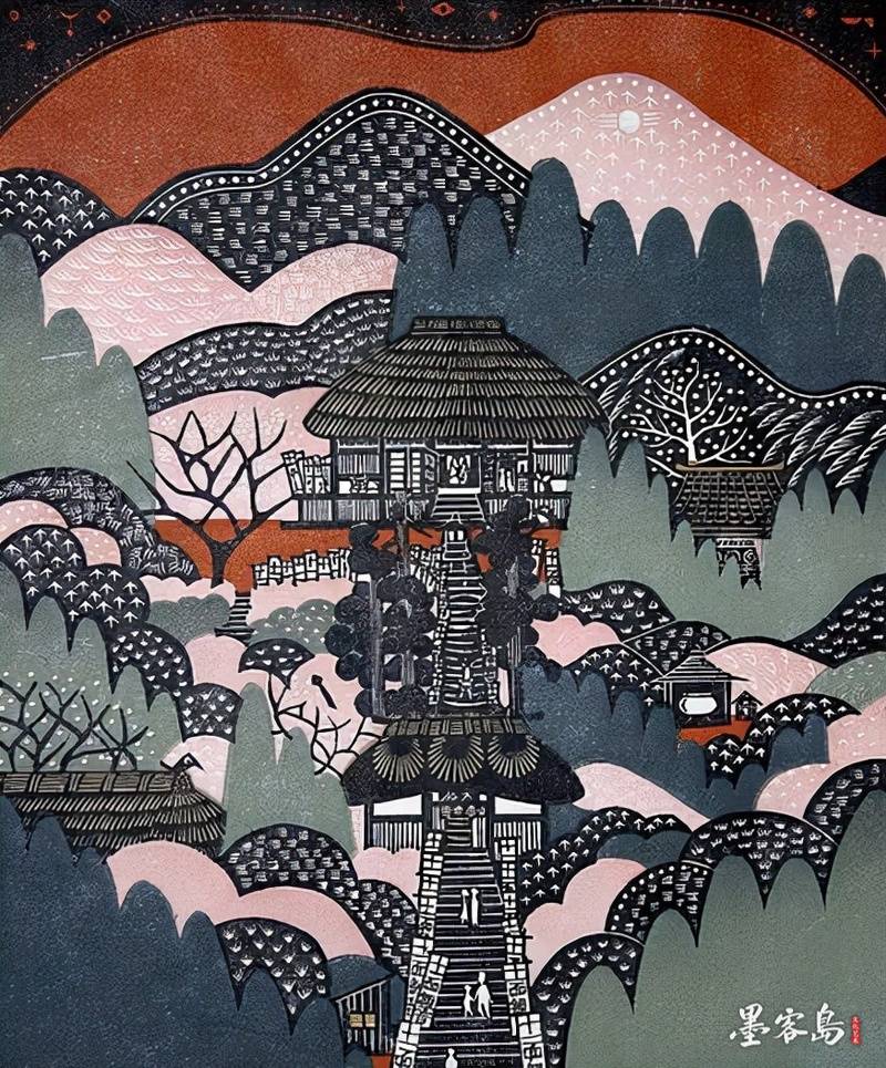 当代的日式情调日本艺术家雷森村创作的木刻版画