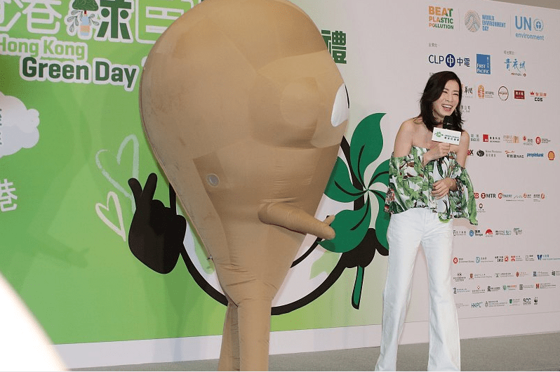 带着 佘诗曼年纪大了反而更会打扮了,穿绿上衣配白裤,看不出快50岁了