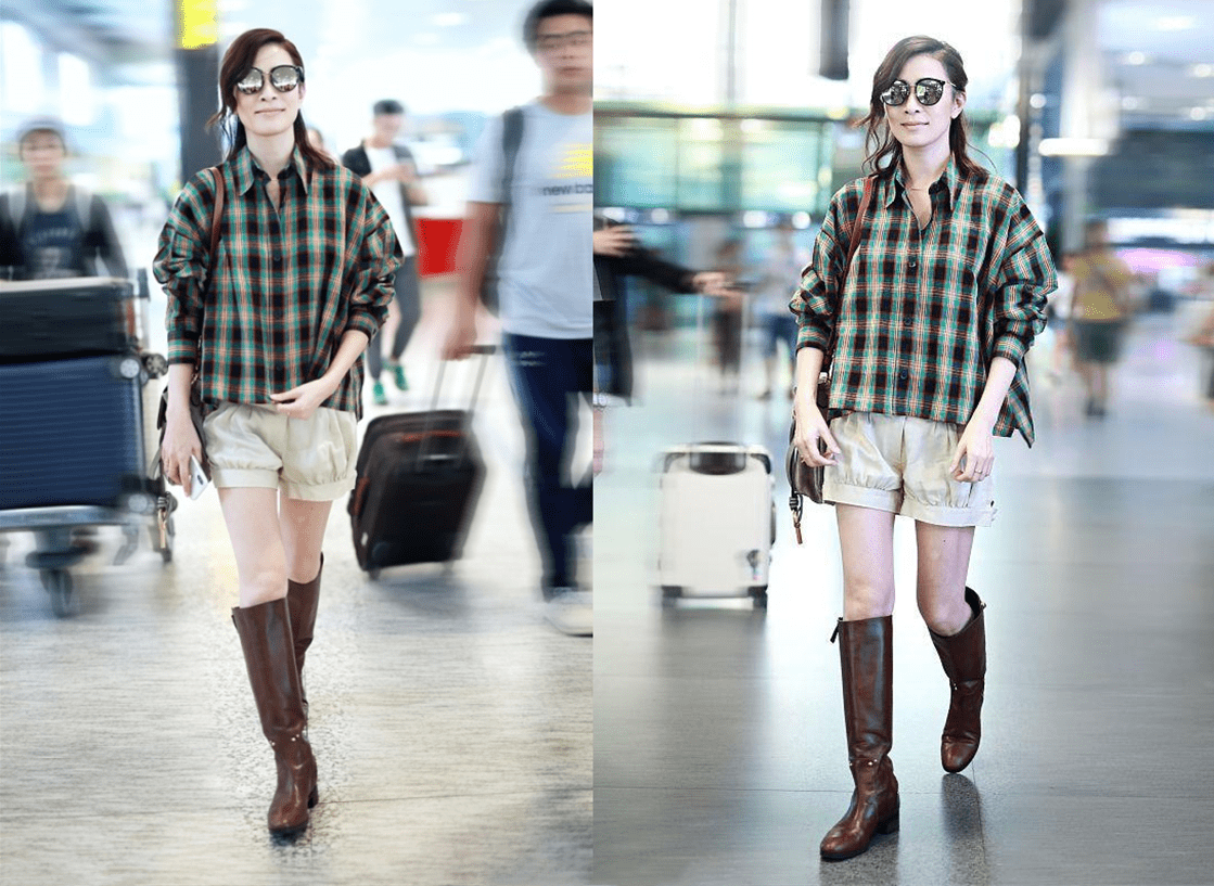 带着 佘诗曼年纪大了反而更会打扮了，穿绿上衣配白裤，看不出快50岁了