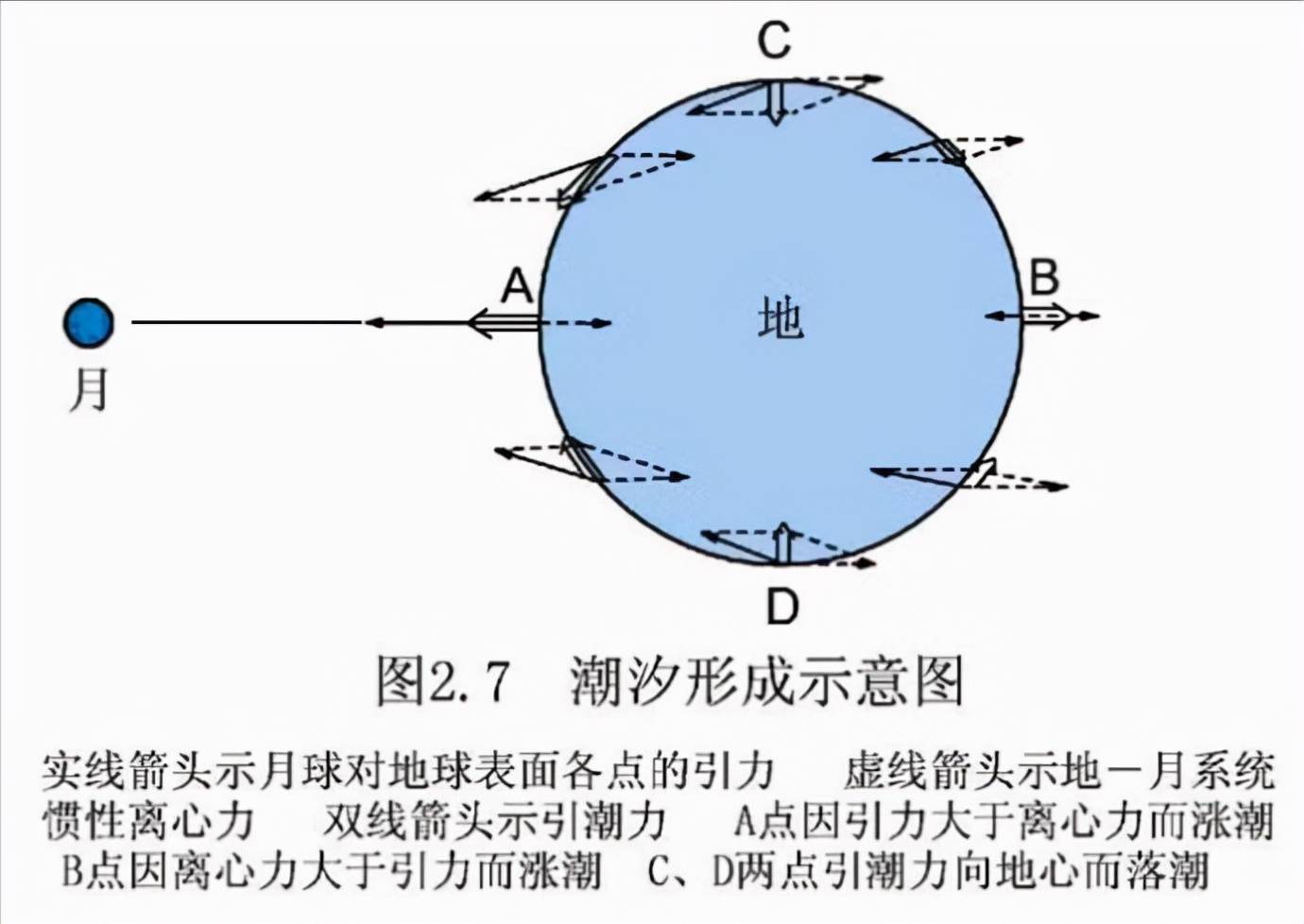 点所受的月球引力和惯性离心力的合力,正是引起海水进退涨落的引潮力