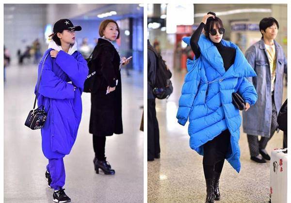 样子 25岁杨紫与30岁张嘉倪，机场同穿蓝色棉服，网友：差距真大