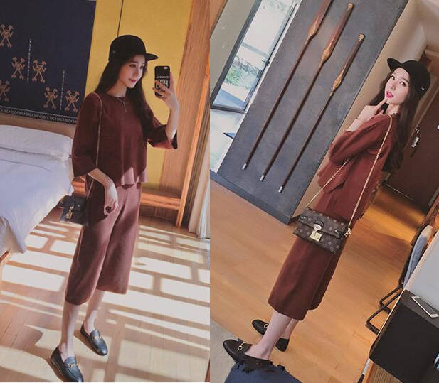 苦恼于搭配上下身的衣服,可以选择一下套装,虽是一整套的咖啡色套装