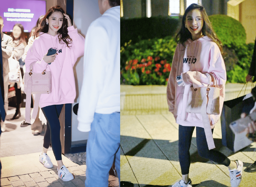 显得 Baby还是这么古灵精怪，当妈了穿粉色也不违和，不梳刘海好俏皮