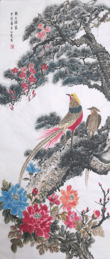作品名称:《锦上添花》作品规格:136cm×68cm作品讲述:作品以锦鸡,不