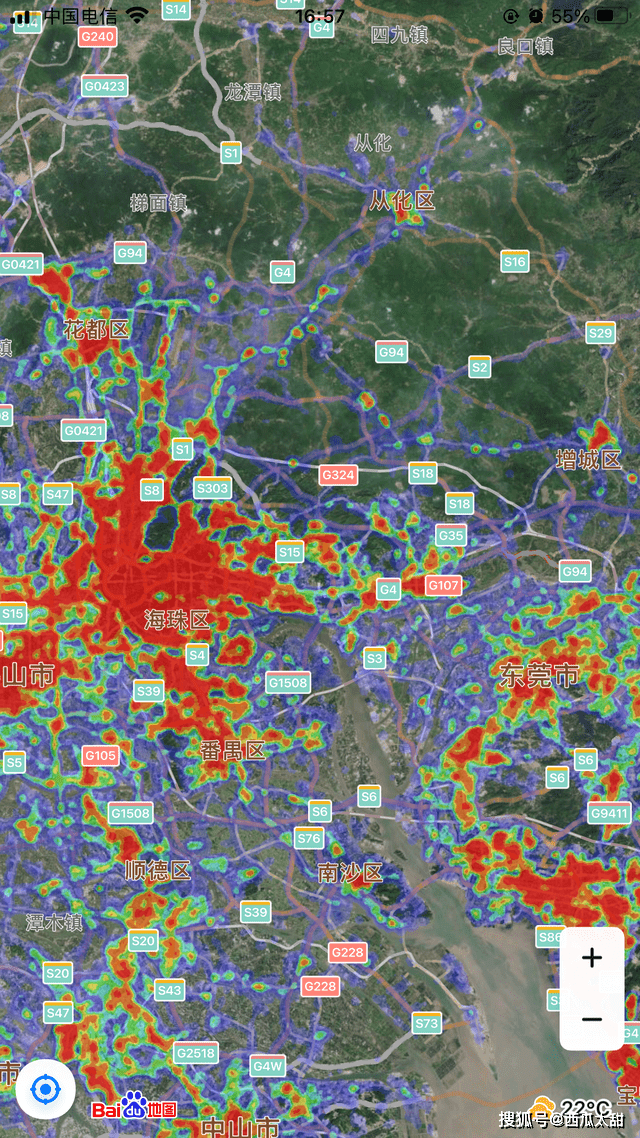 从百度热力图看广州市各区人口分布情况