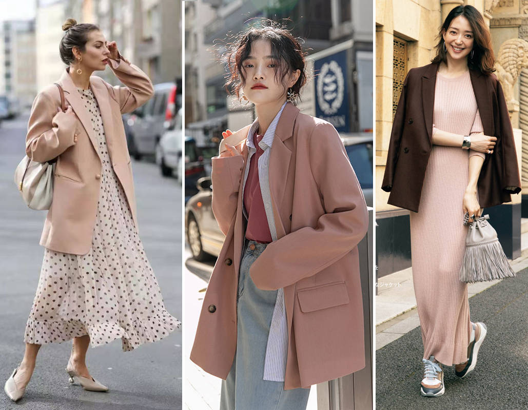 第二种:干枯玫瑰粉色穿搭我们还可以选择用明净蓝色调的服饰,搭配纯粹