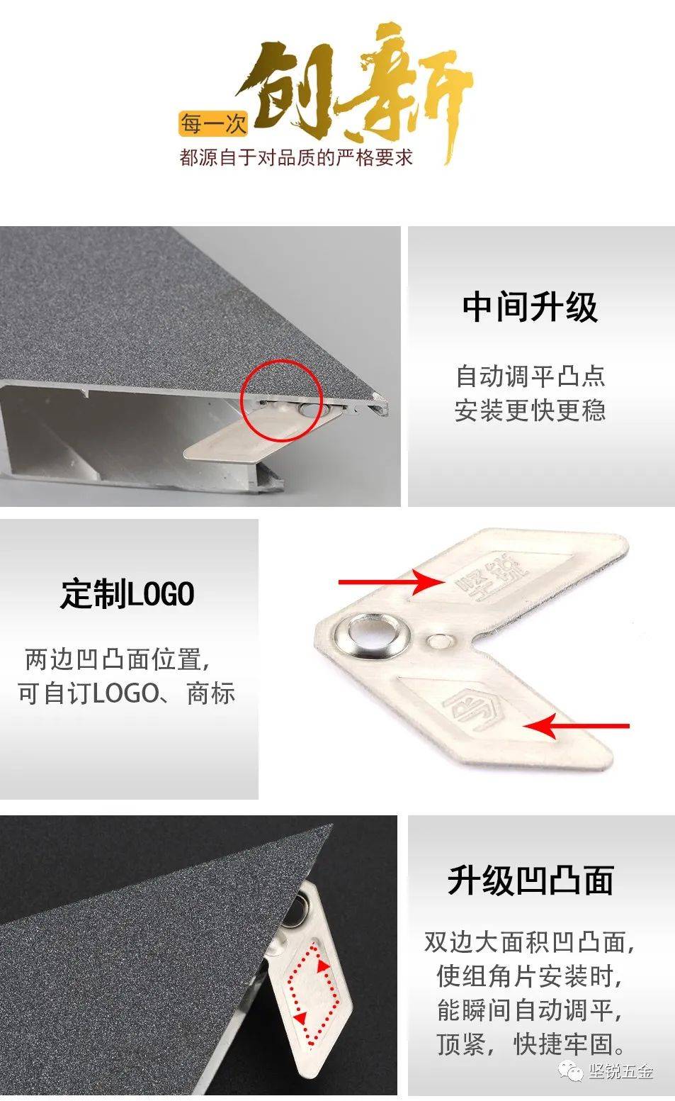 每次创新，都源自于对品质的严格要求——坚锐自动调平注胶组角片！