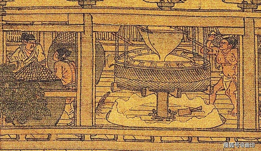 《闸口盘车图》中有跨溪而建的水磨坊,有门前搭彩楼的酒楼,以界画法