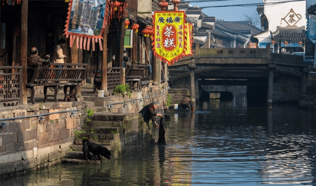 浙江这一古镇，河网遍及，水街相依，众桥飞跨，一派江南水乡美景