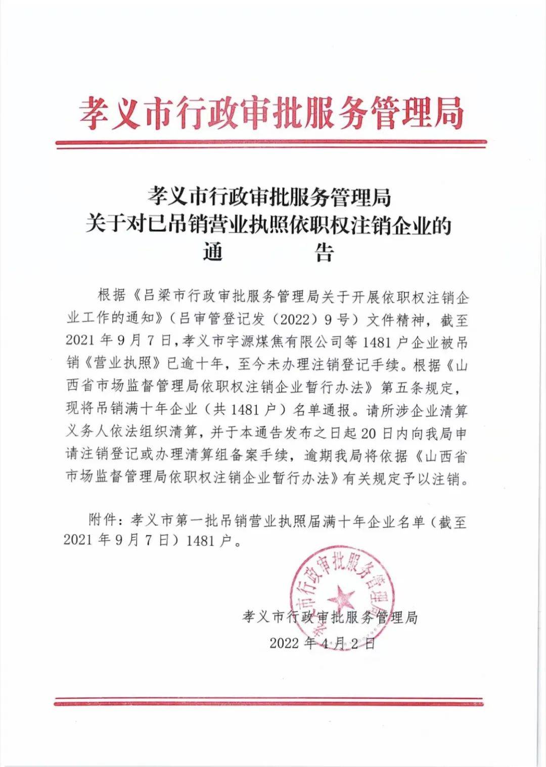 孝義關於對已吊銷營業執照依職權註銷企業的通告