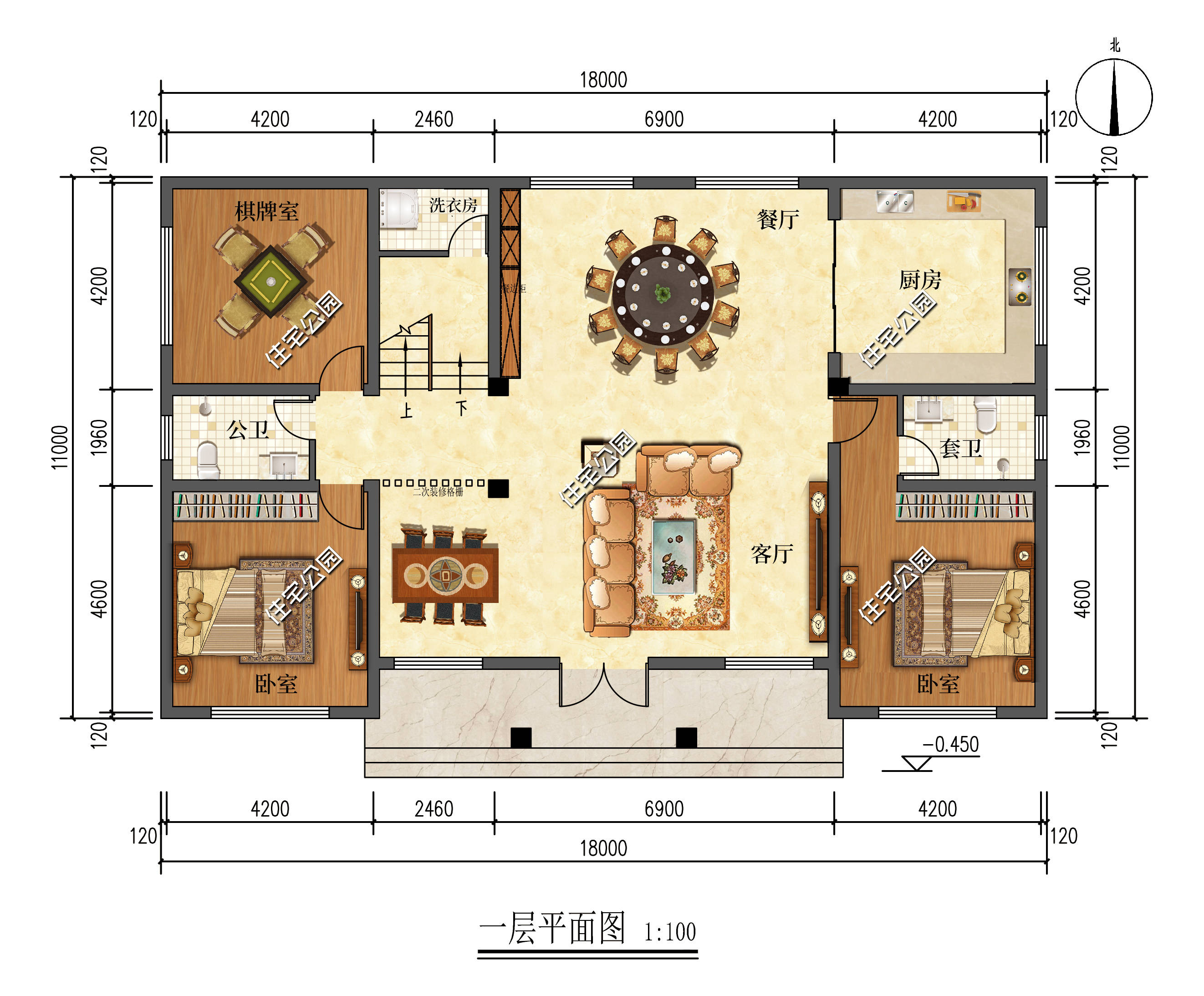 大客厅 棋牌室 露台,18×11米二层别墅,舒适又实用