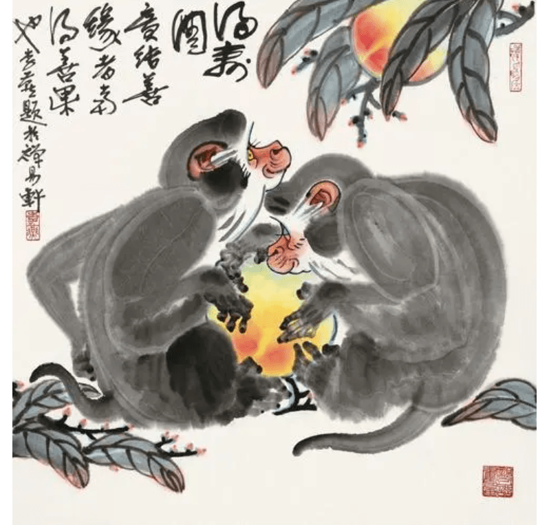蔵出】李燕≪猴子采食図≫肉筆掛軸・著名書画家／美術教育家／大写意