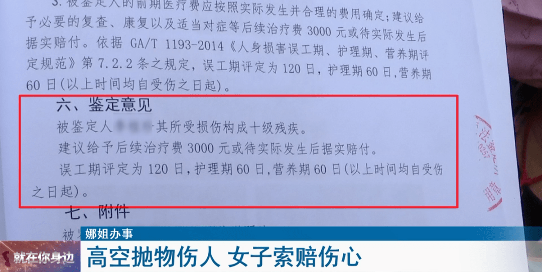 她身體的損傷程度被鑑定為輕傷一級,傷殘等級是十級殘疾,後期治療費還