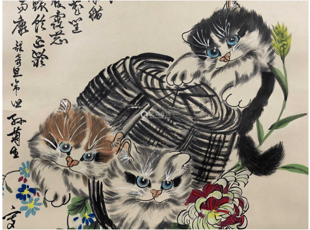 中国美術・純手描き三尺猫画芯・水墨画・動物画・孙菊生印款
