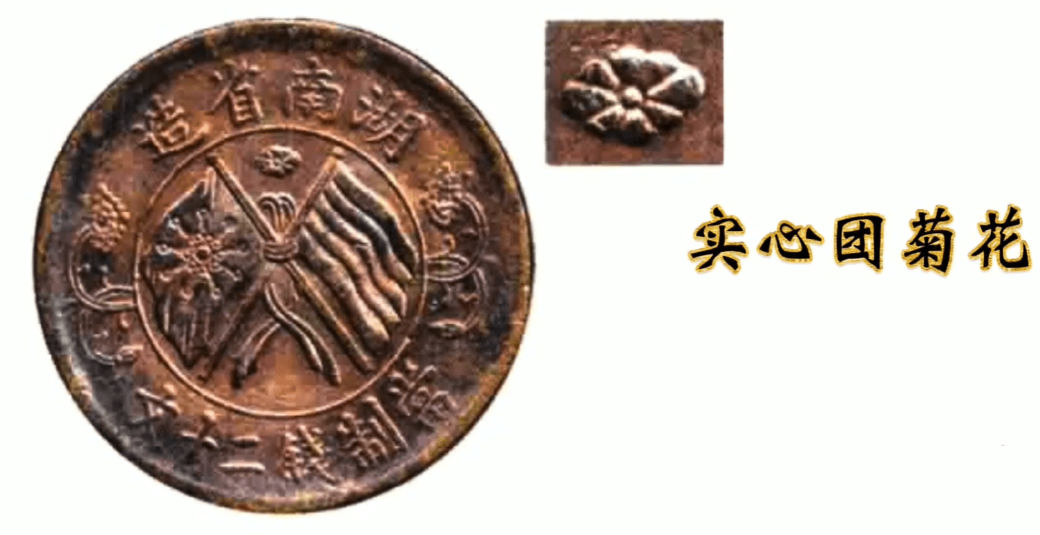 原创             湖南省造当制钱二十文双旗币，实心团菊花所搭配的6个版别