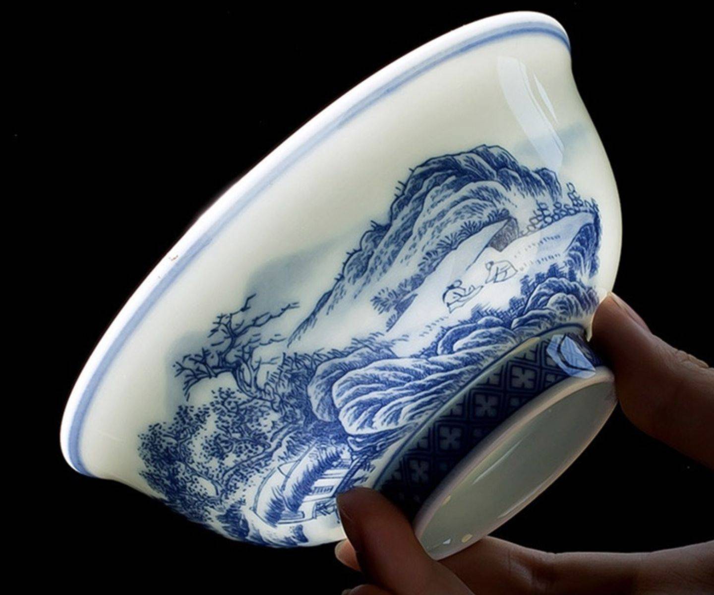 景德镇制釉下彩陶瓷高脚茶碗,仿古中式手工山水人家青花瓷餐具_工艺