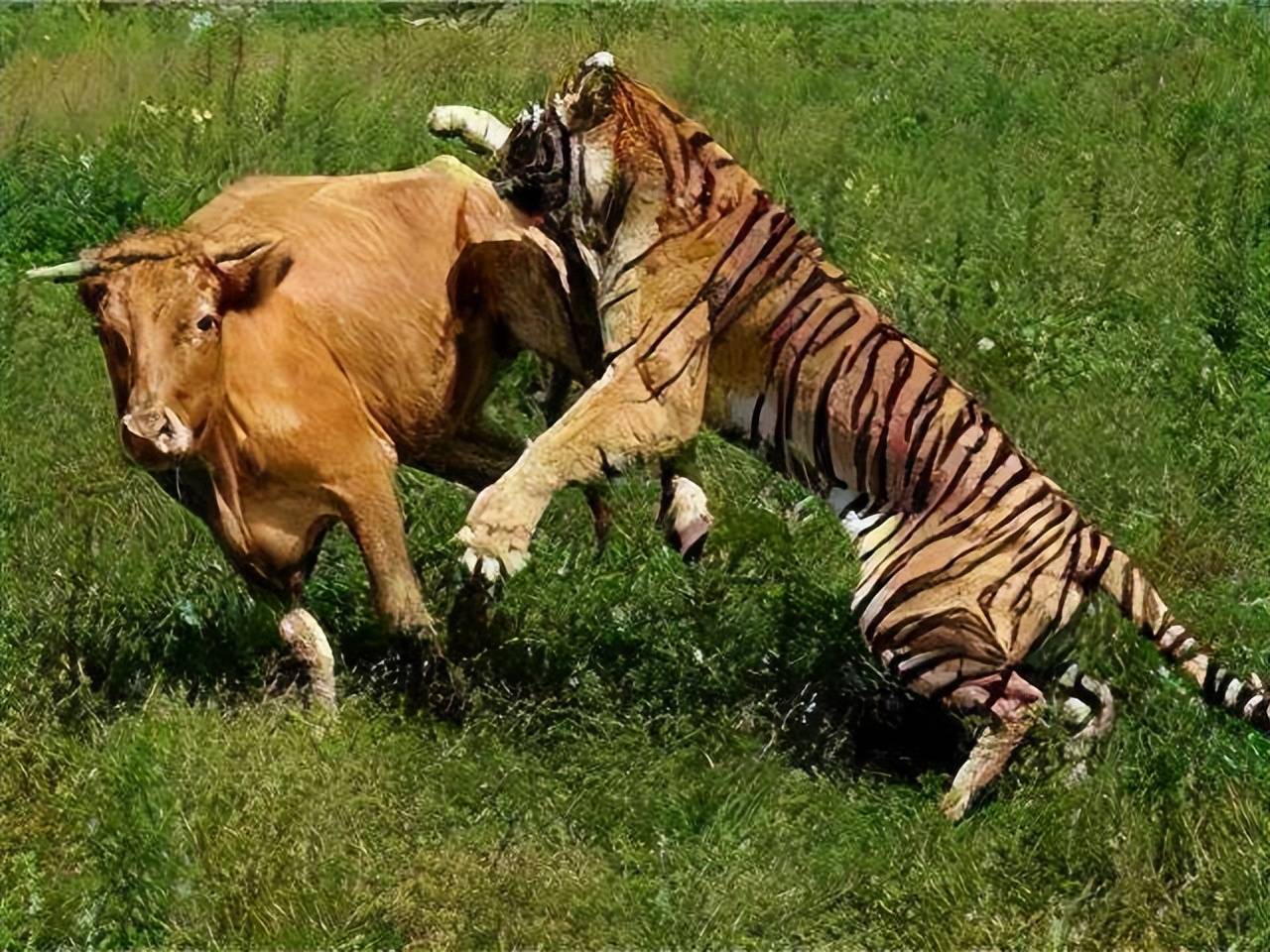 江苏发情牦牛闯入老虎区,被老虎一掌拍蒙,并遭锁喉_小白_狮子_水池