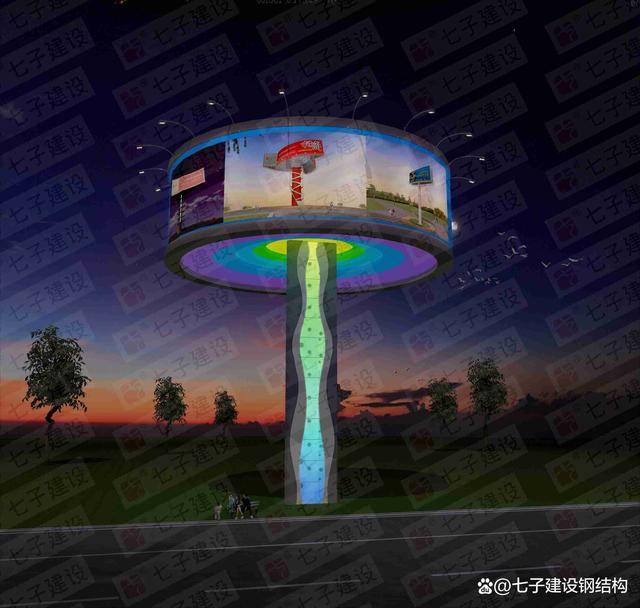 圆形造型广告塔,圆形广告立柱设计,夜景亮化户外广告牌,外装造型景观