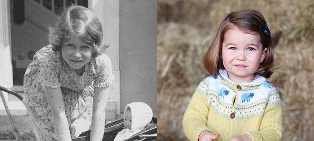 ▼1933年,伊丽莎白二世玩婴儿车vs 2017年夏洛特公主过2岁生日.