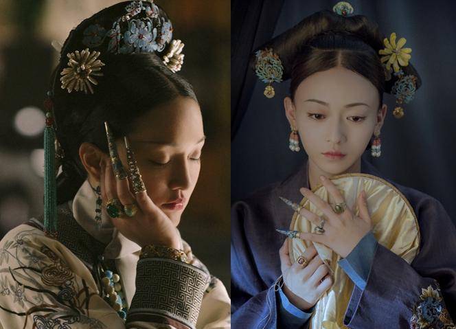《如懿传》跟《延禧攻略》里的护甲就稍微短一些,但精致度没输.