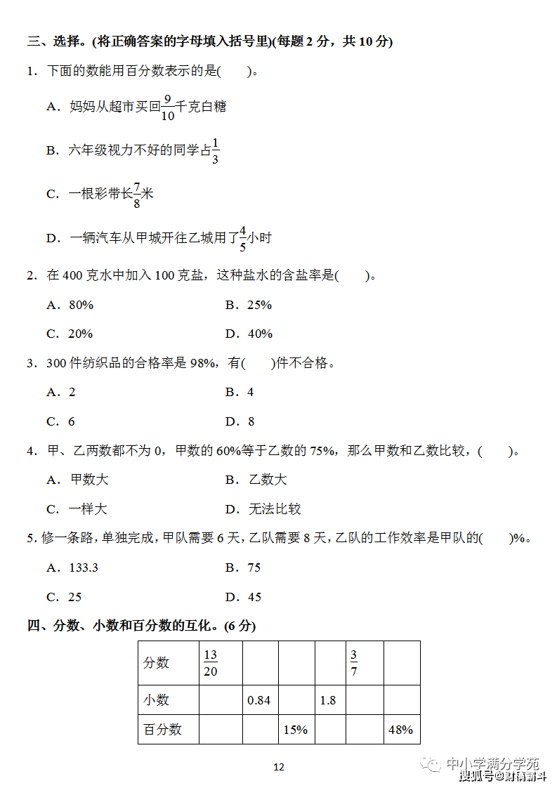 六年级数学上册：第六单位检测卷4套+谜底