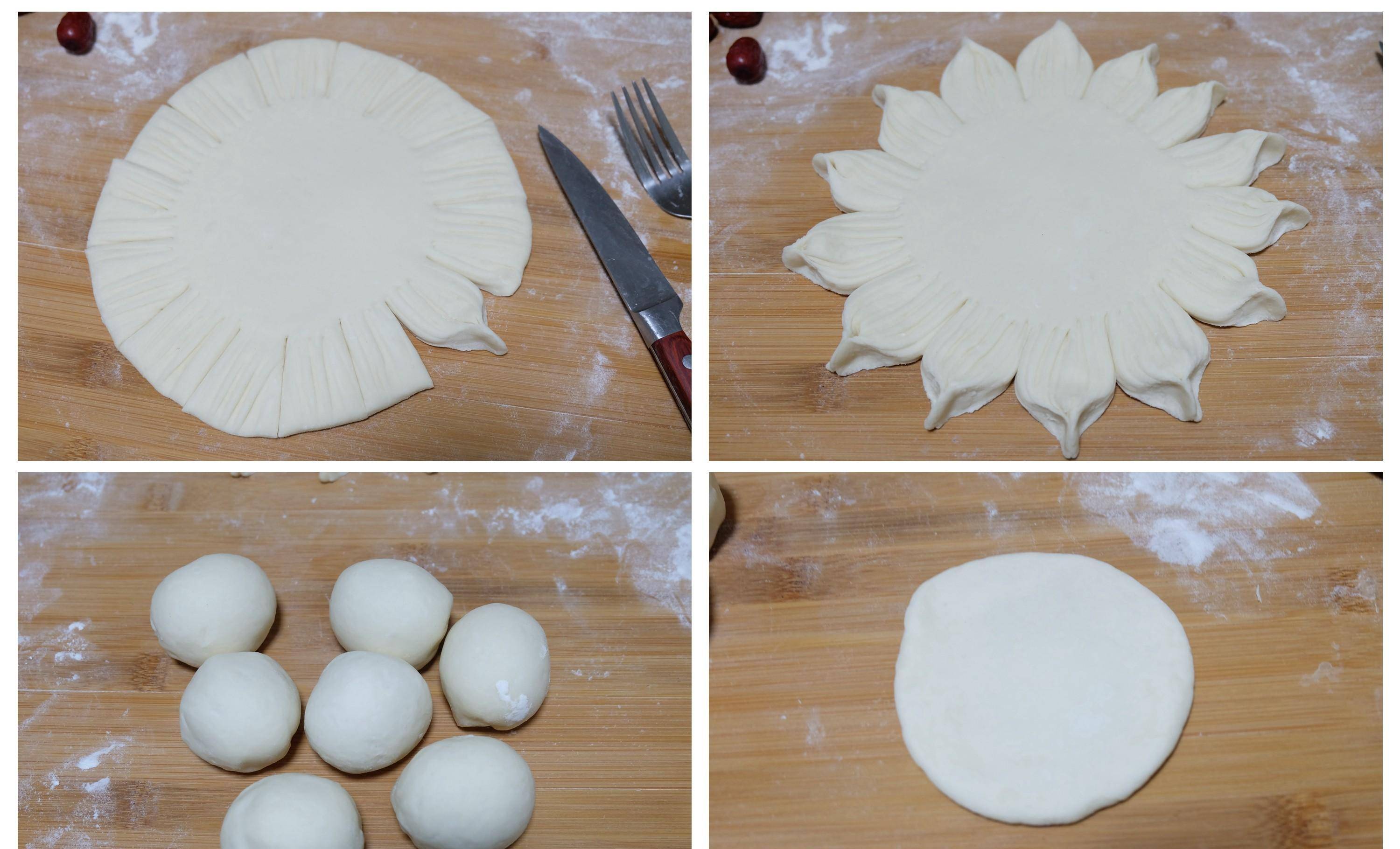 步骤4:先把面团切出一块,重300g左右,揉圆后擀成一圆形的饼,这个是做