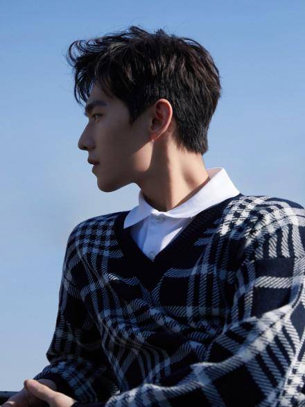 杨洋大片穿蓝白格学院风毛衣搭配蓝天背景,整个人清新帅气