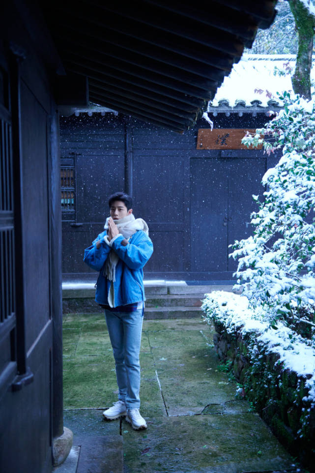 肖战分享十八宫格照片,庭前赏雪富有少年感,双手插兜难掩帅气_显得