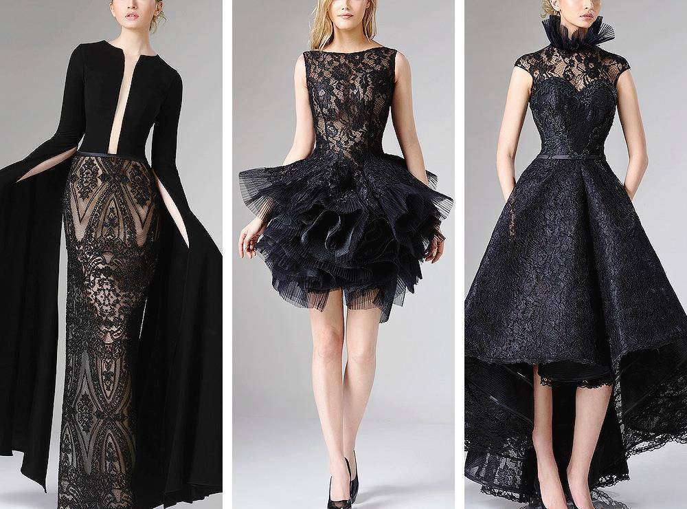 以下三条黑色蕾丝礼服风格各异,拖地长袖蕾丝拼接礼服端庄大气,蕾丝