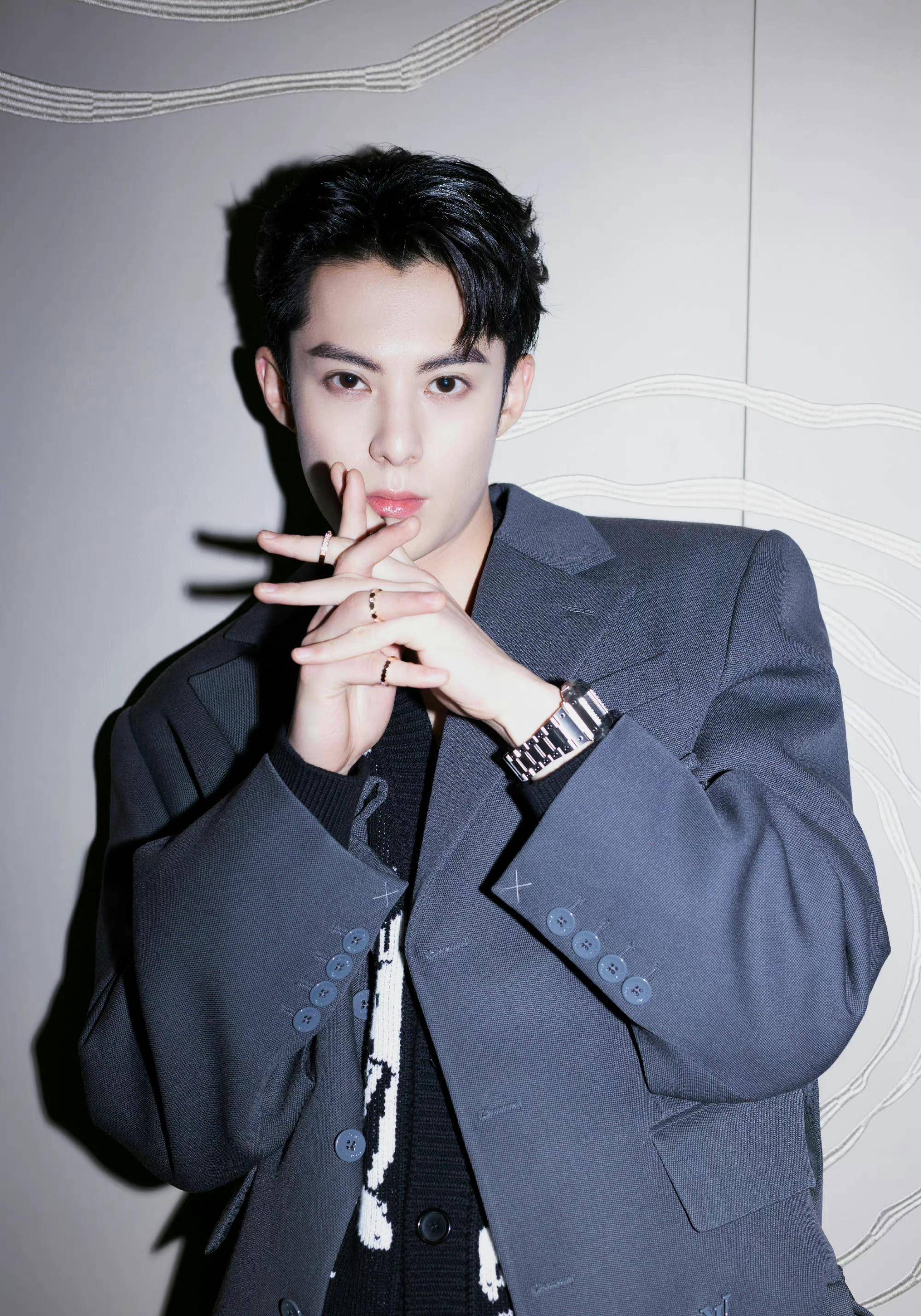 王鹤棣视界大会红毯造型,灰色西装内搭印花针织开衫,帅气又保暖