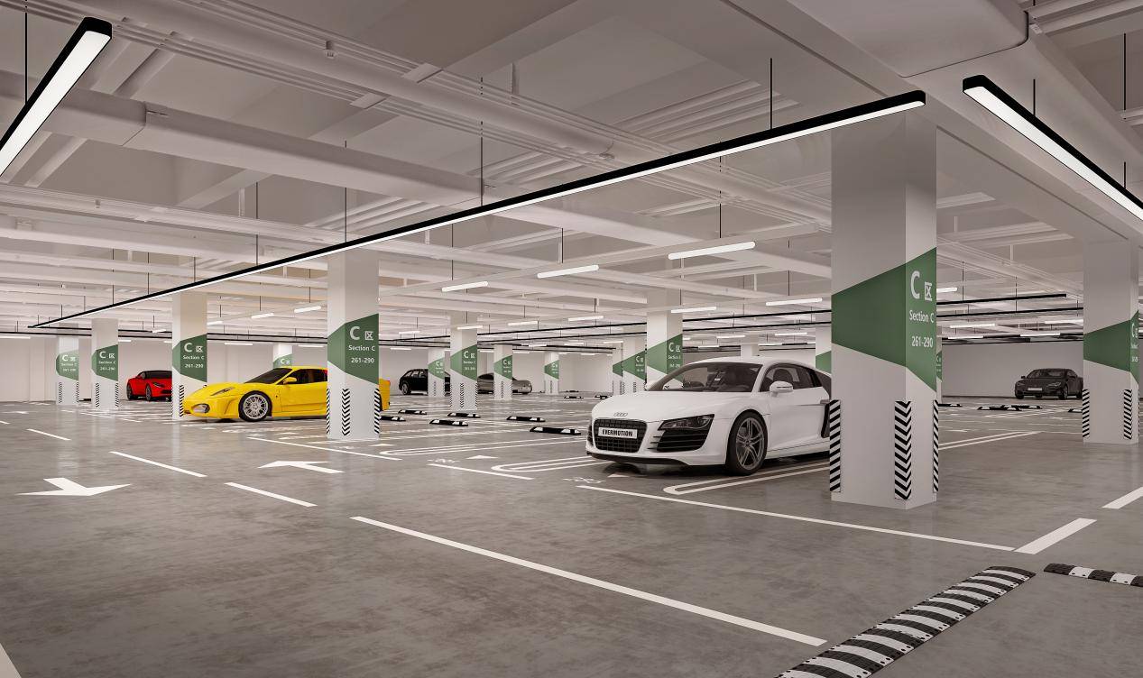 铁建城黑钻地库采用环氧工艺,使整个地面光洁度更高,抗压强度更高,在