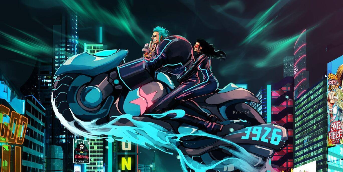 海贼王:弗兰奇和罗宾的赛朋克风格画,两人骑着摩托太炫酷了