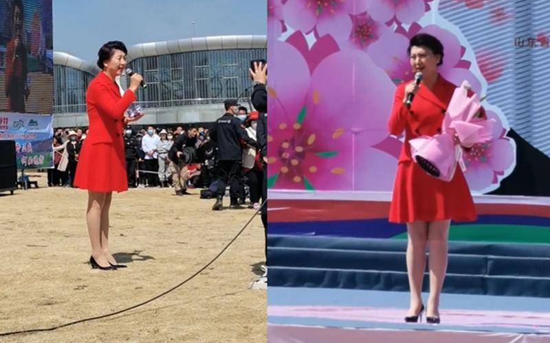 闫学晶穿着一双十公分的高跟鞋,正站在沙土中,她的鞋跟都没入了泥土中