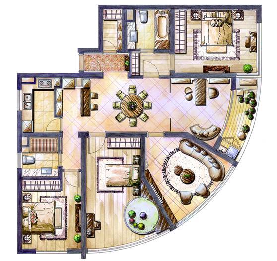 尤其是下图这个约200平4房2厅2卫,扇形大尺度开面采光,让温暖弥漫房间