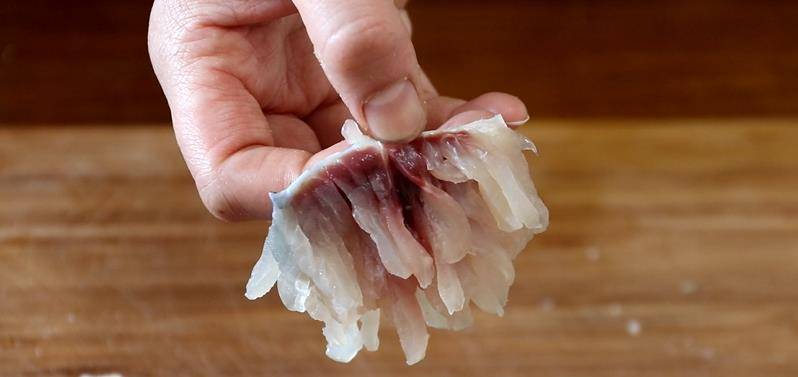 打完花刀后,"菊花"的花瓣就出现了.片鱼片,注意不要片断,4刀片断一次.