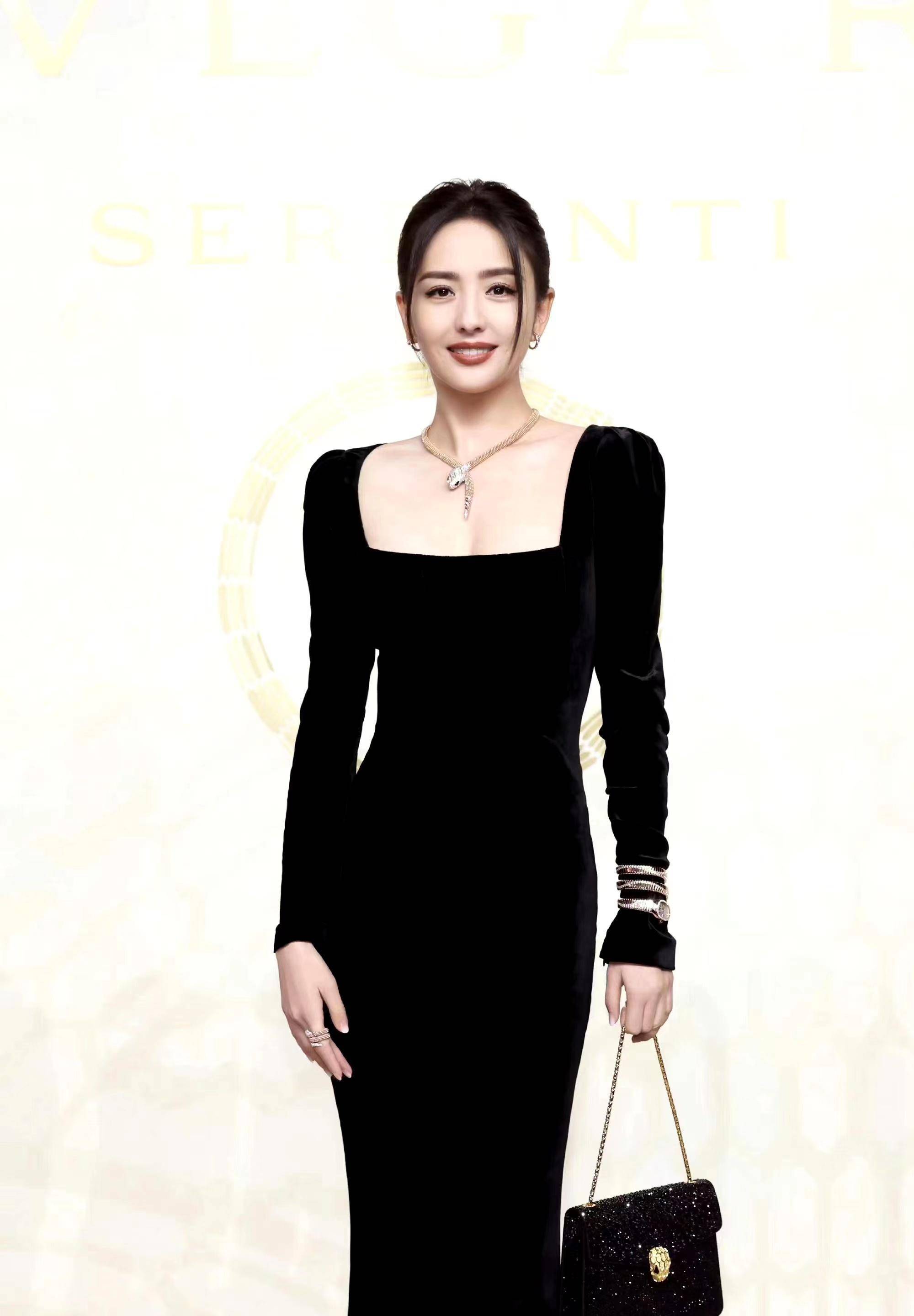 佟丽娅出席活动,穿一条黑色丝绒长裙,温柔优雅又大方!