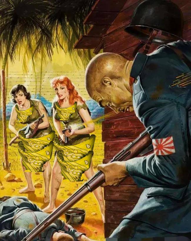 的抗击日军的宣传画,美国女兵度假归来,还没来得及换掉泳装就冲上战场