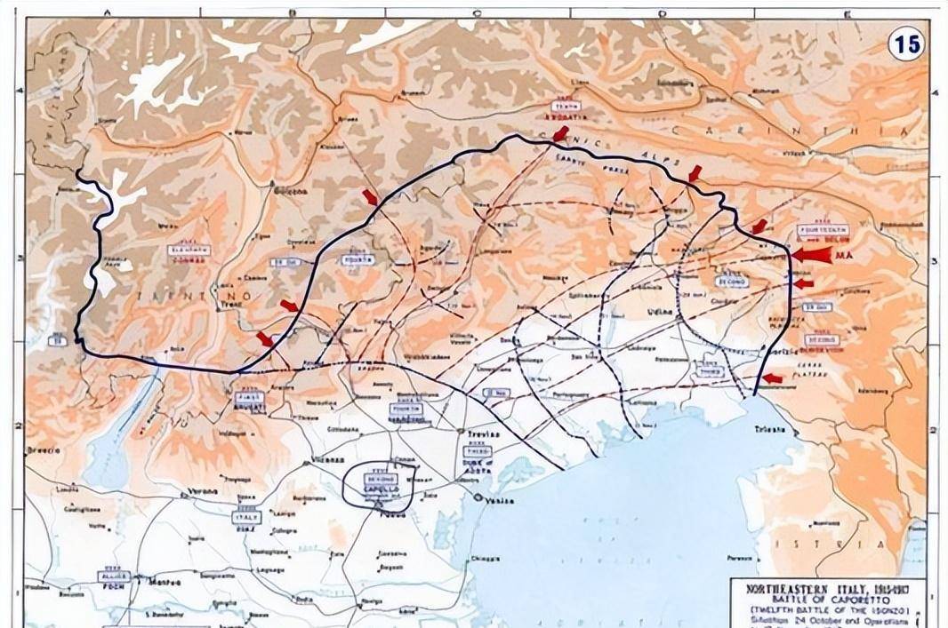 (卡波雷托战役图示,红色为同盟国军队进攻方向)艰难的情况迫使意大利