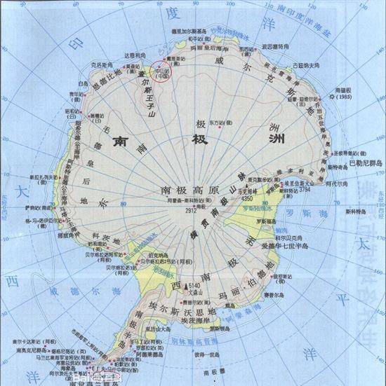 这张地图的下方用淡颜色绘出的南极洲
