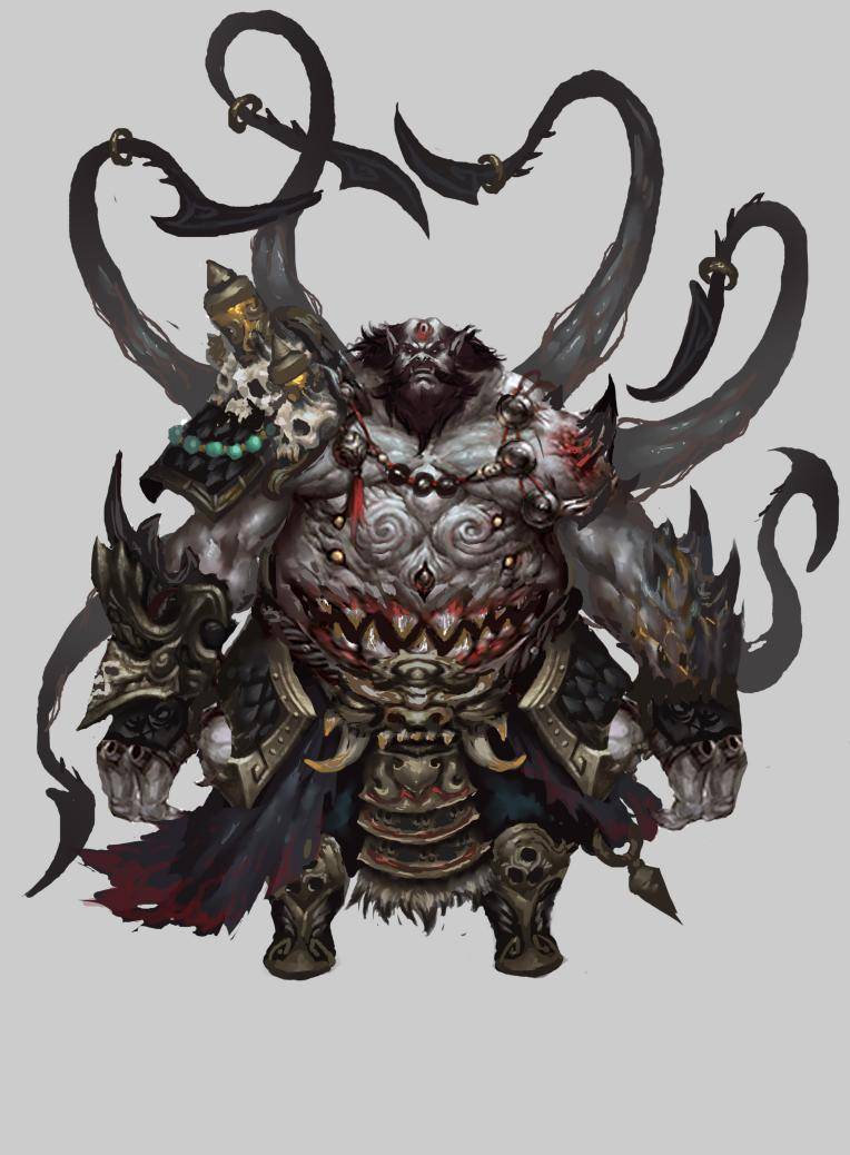 事迹饕餮化为人形后,其身壮如熊,赤裸上身,背着一根金锥,额头有一只