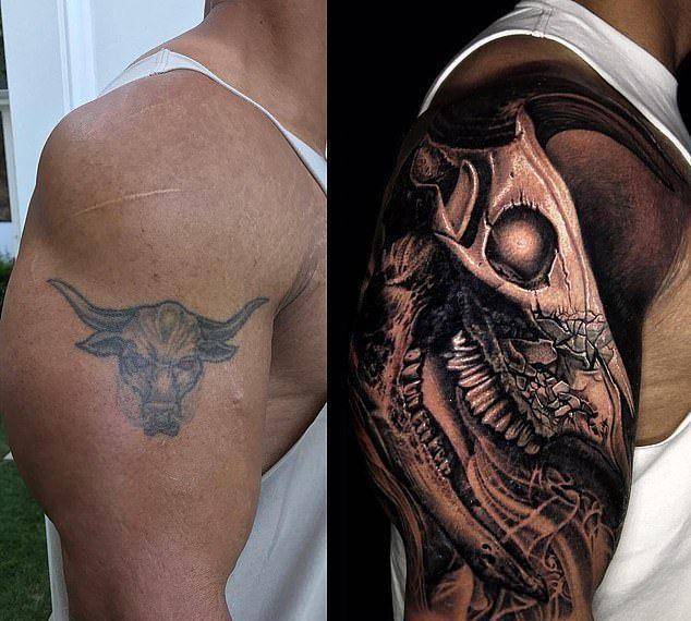巨石强森忍了30个小时疼痛,改造二头肌上纹身,小公牛变骷髅牛_媒体