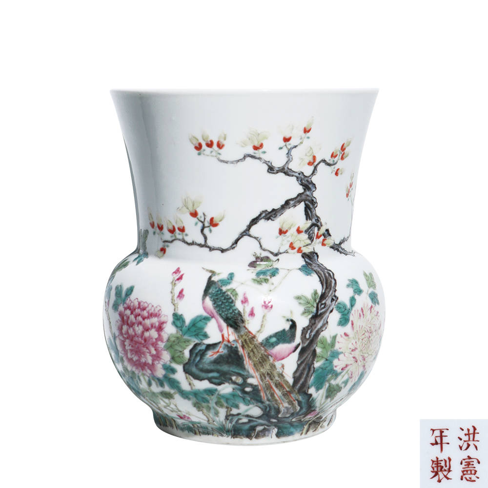 洪宪年制 粉彩锦鸡牡丹纹侈口尊鉴赏