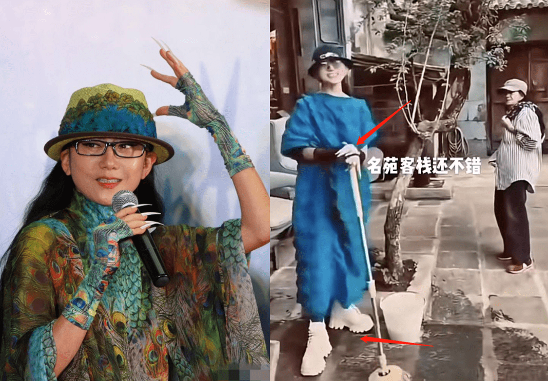 杨丽萍回家看妈妈,十指长甲,脚踩高跷,帮母做家务被批作秀_指甲_网友