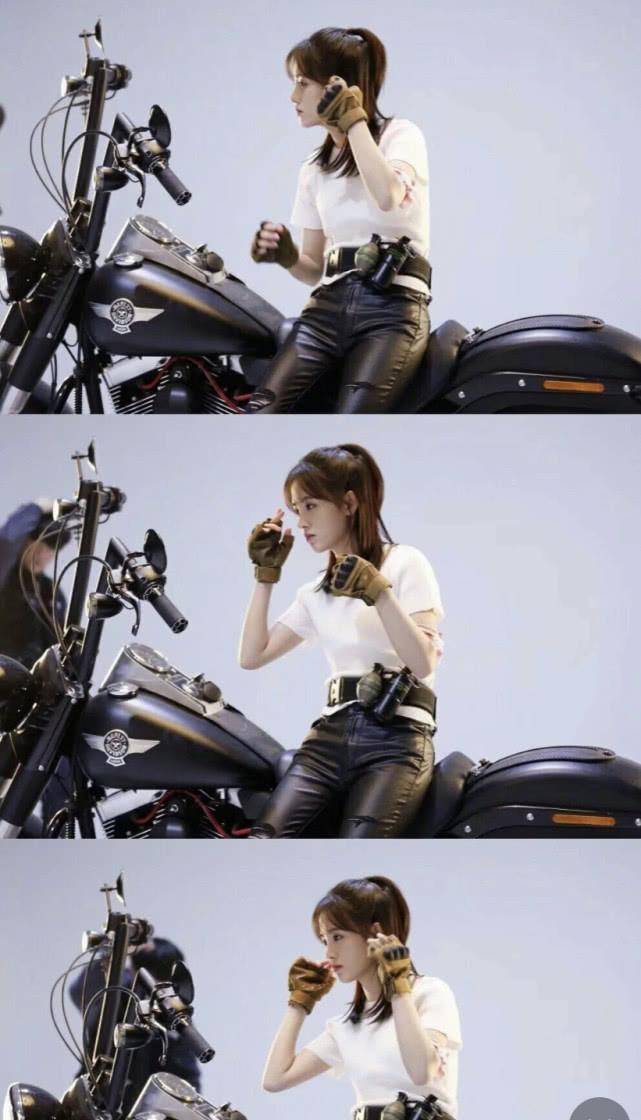 骑车照也十分惊艳,鞠婧祎身穿修身皮裤,高扎马尾帅酷十足_衣服_风格