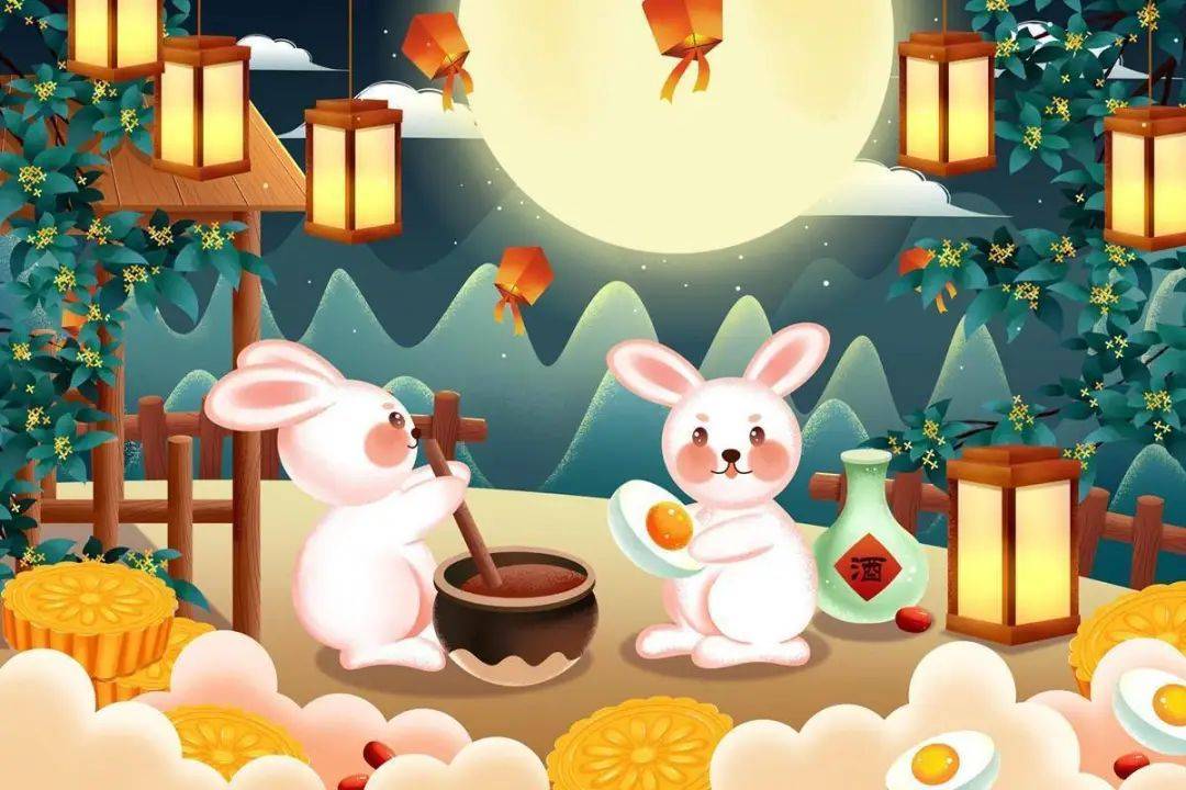 中秋节绘画玉兔捣药图片