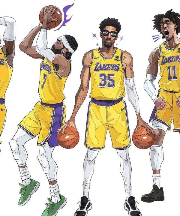 湖人全队漫画版合影:詹皇浓眉c位亮相 八村垒身背武士刀太抢镜_詹姆斯